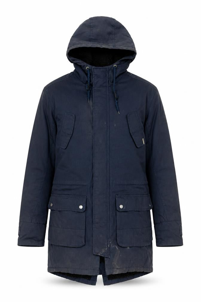 Front view of Tokyo Laundry Men's Blue Parka Jacket, size M
