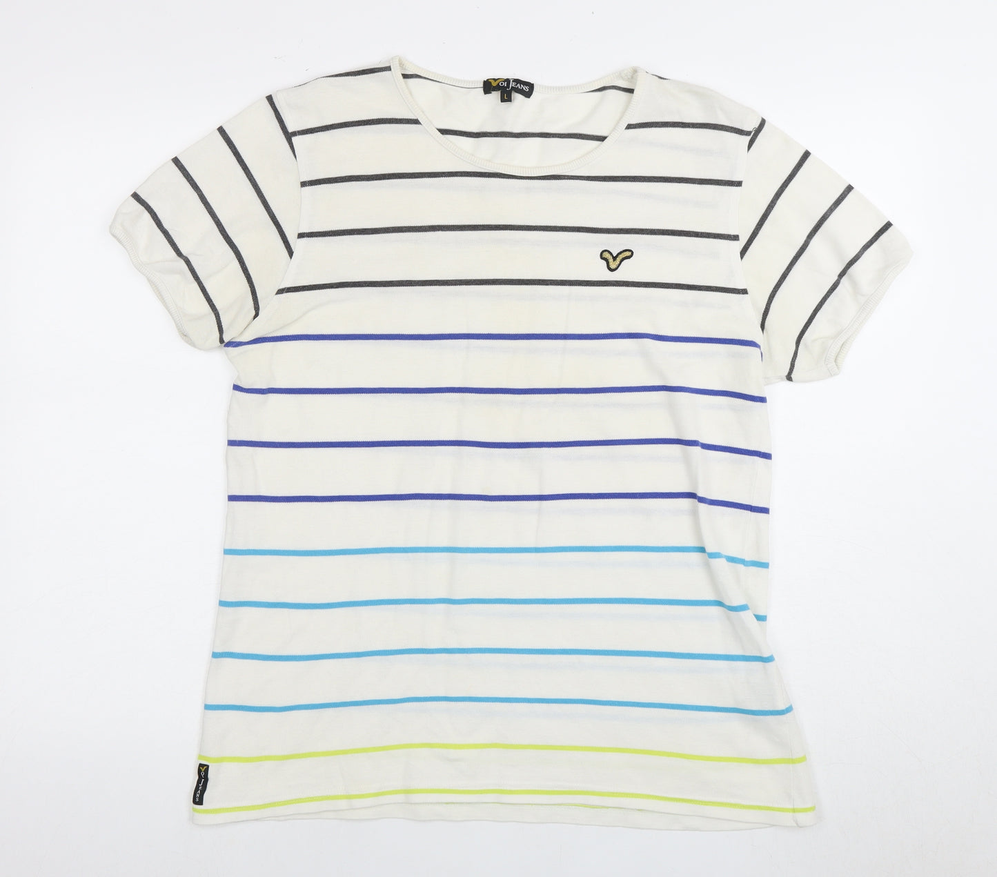 Voi Jeans Men's L White Striped Cotton T-Shirt