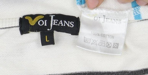 Voi Jeans Men's L White Striped Cotton T-Shirt
