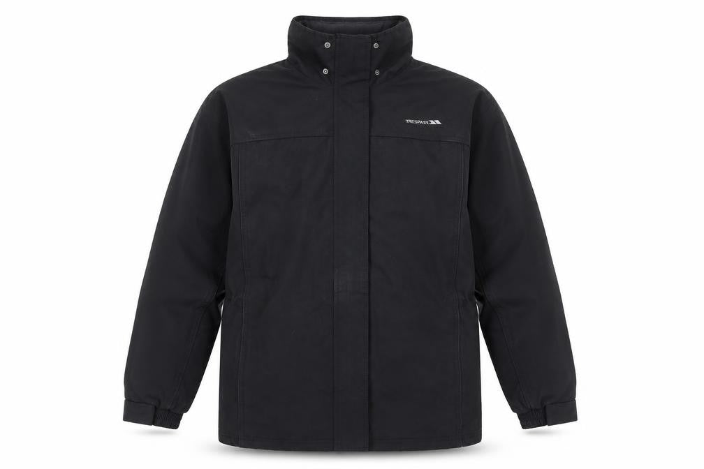 Front view of Trespass Men's Black Parka Jacket, size L, Waterproof