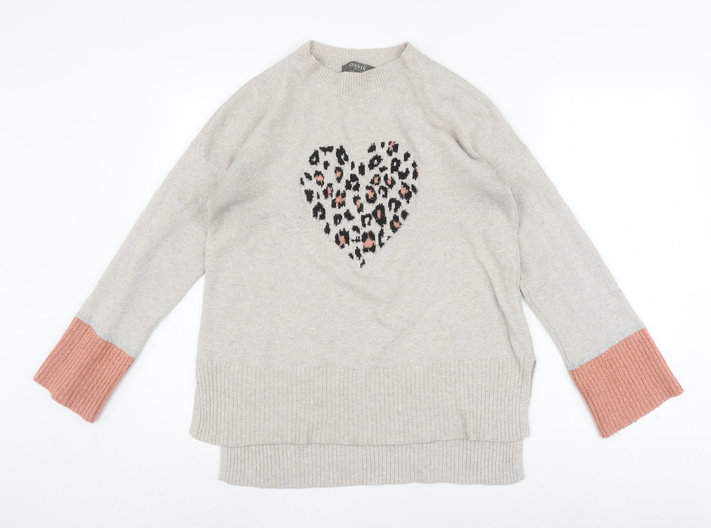 Oasis Women's Beige Heart Print Pullover Jumper - Size S
