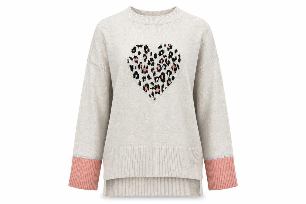 Front view of Oasis Women's Beige Heart Print jumper -, size S
