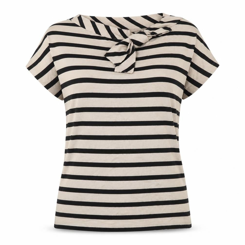 Front view of Phase Eight Women's Beige Striped Bow Blouse, size 12