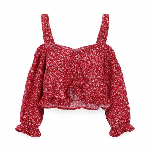 Topshop Red Floral Women's Cropped Blouse UK 14