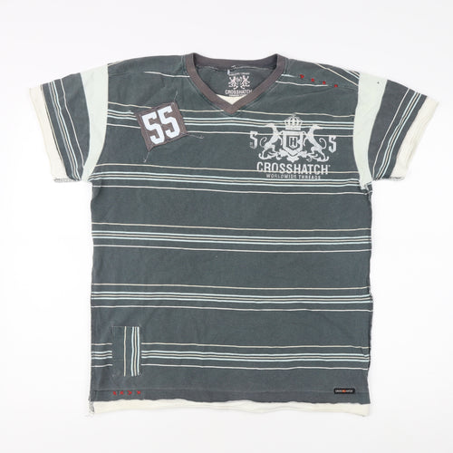 Crosshatch Men's Grey Striped V-Neck T-Shirt L