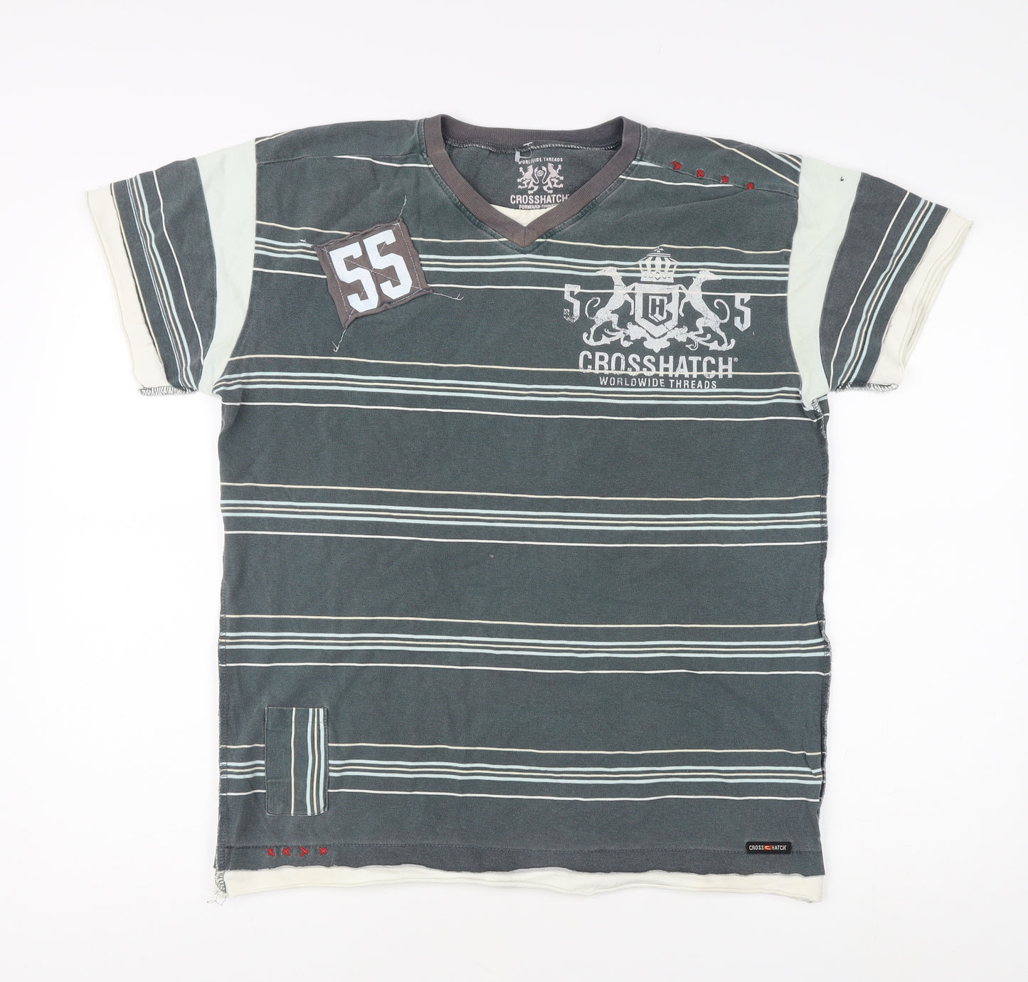 Crosshatch Men's Grey Striped V-Neck T-Shirt L