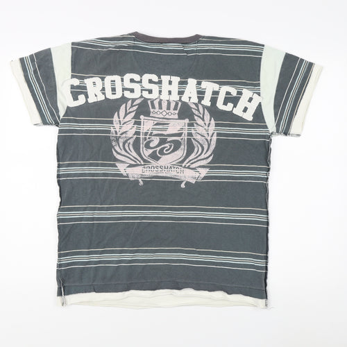 Crosshatch Men's Grey Striped V-Neck T-Shirt L