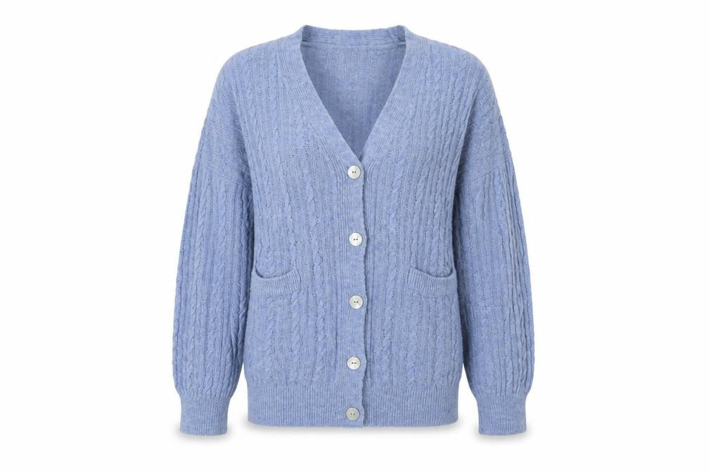 Front view of Mango Women's Blue Cardigan, size 10, Button Accent
