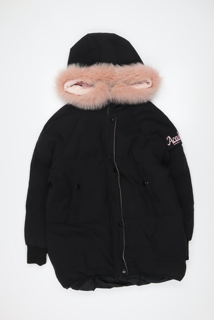 Dora Taobao Women's Black Parka Jacket with Pink Fur Trim - Size M