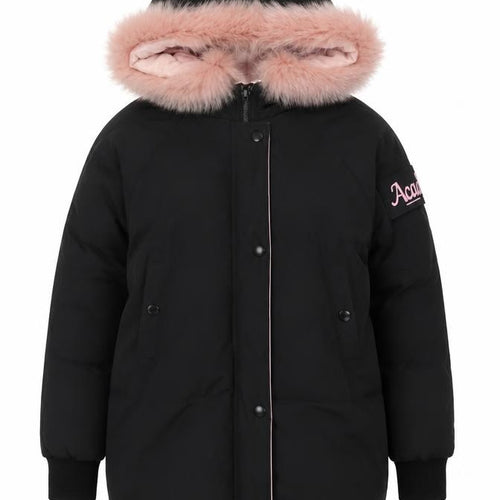 Dora Taobao Women's Black Parka Jacket with Pink Fur Trim - Size M