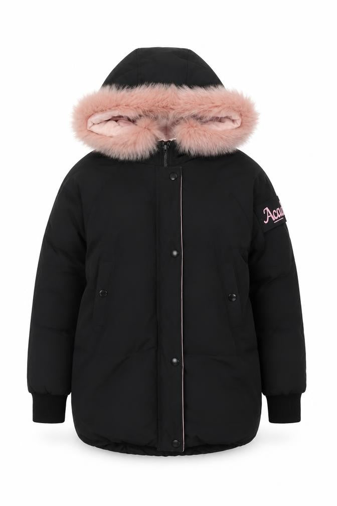 Dora Taobao Women's Black Parka Jacket with Pink Fur Trim - Size M