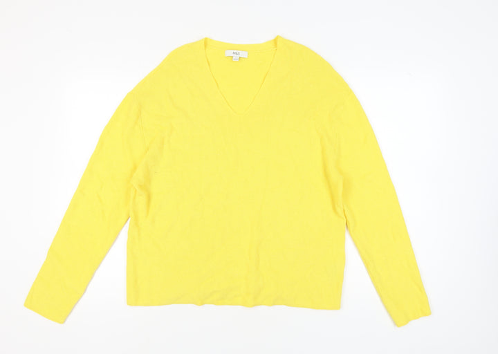 Marks and Spencer Women's Yellow V-Neck Pullover Jumper L