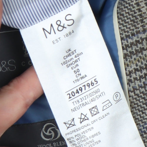 Marks and Spencer Men's Grey Check Blazer, Size 40S