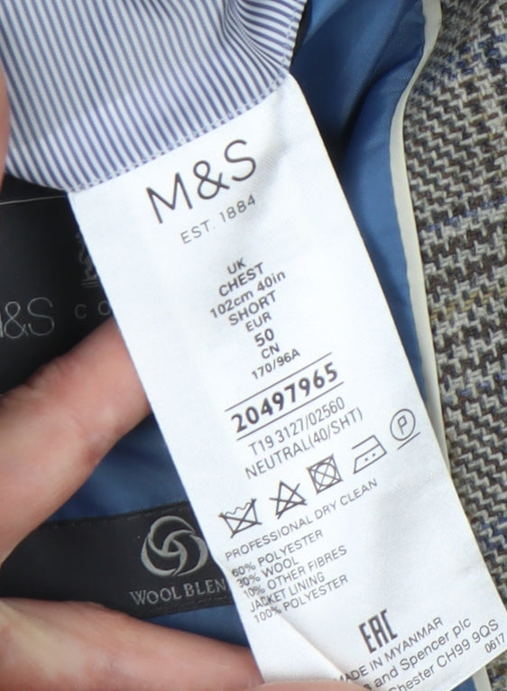 Marks and Spencer Men's Grey Check Blazer, Size 40S