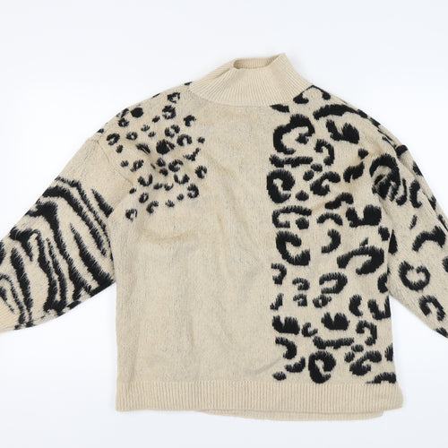 Topshop Women's Beige High Neck Animal Print Jumper S