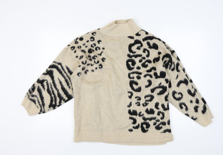 Topshop Women's Beige High Neck Animal Print Jumper S
