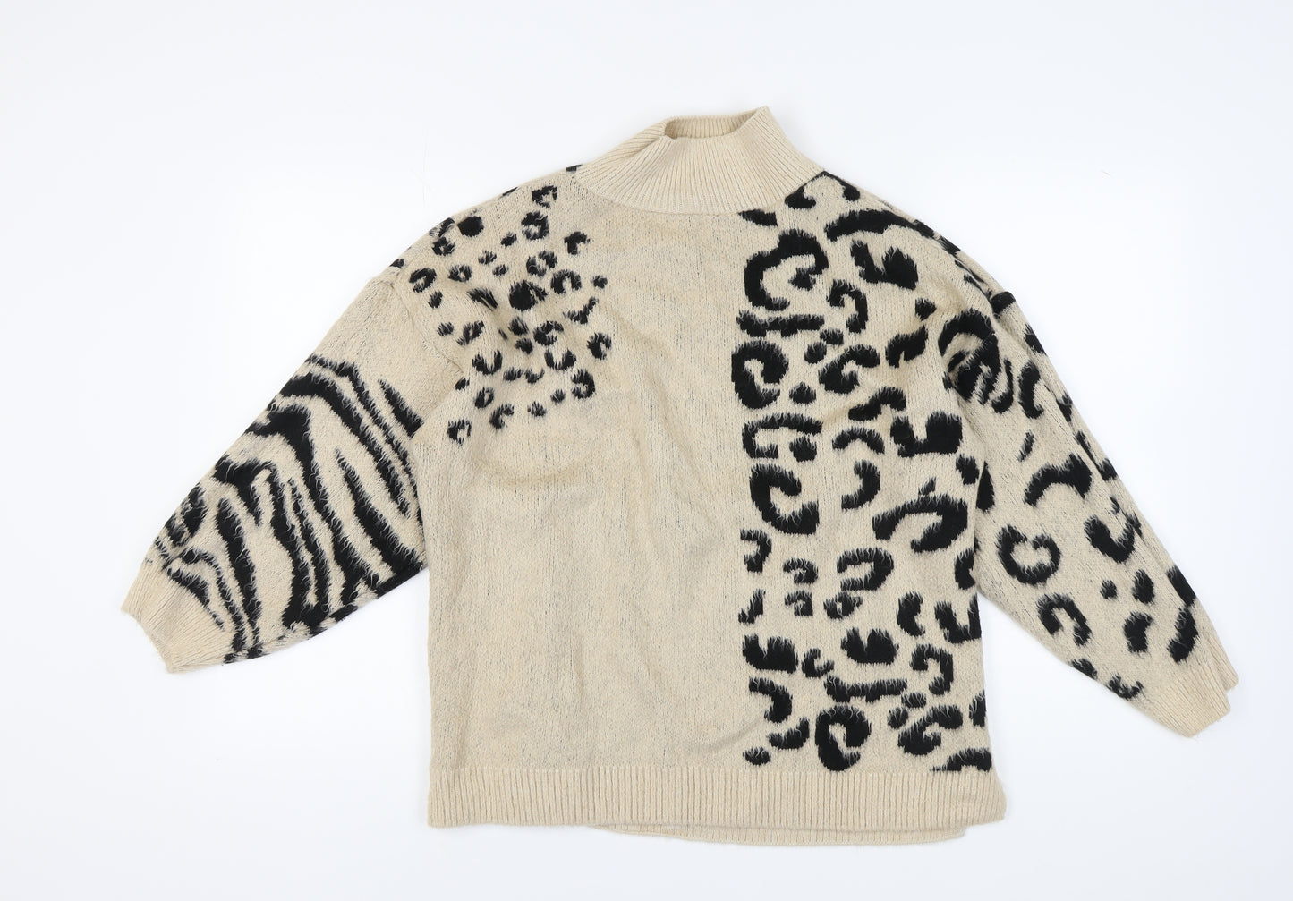 Topshop Women's Beige High Neck Animal Print Jumper S