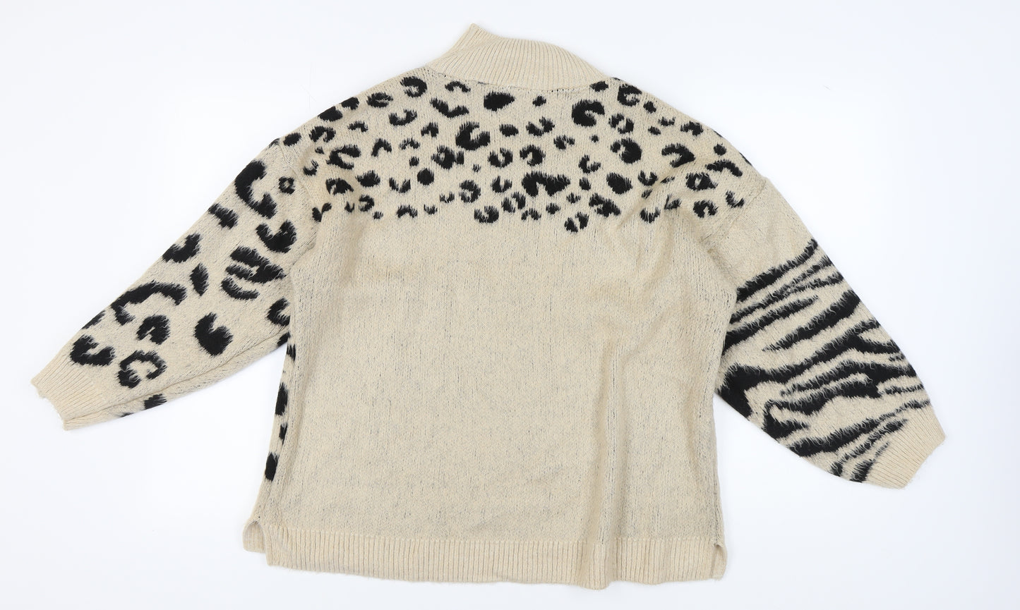 Topshop Women's Beige High Neck Animal Print Jumper S