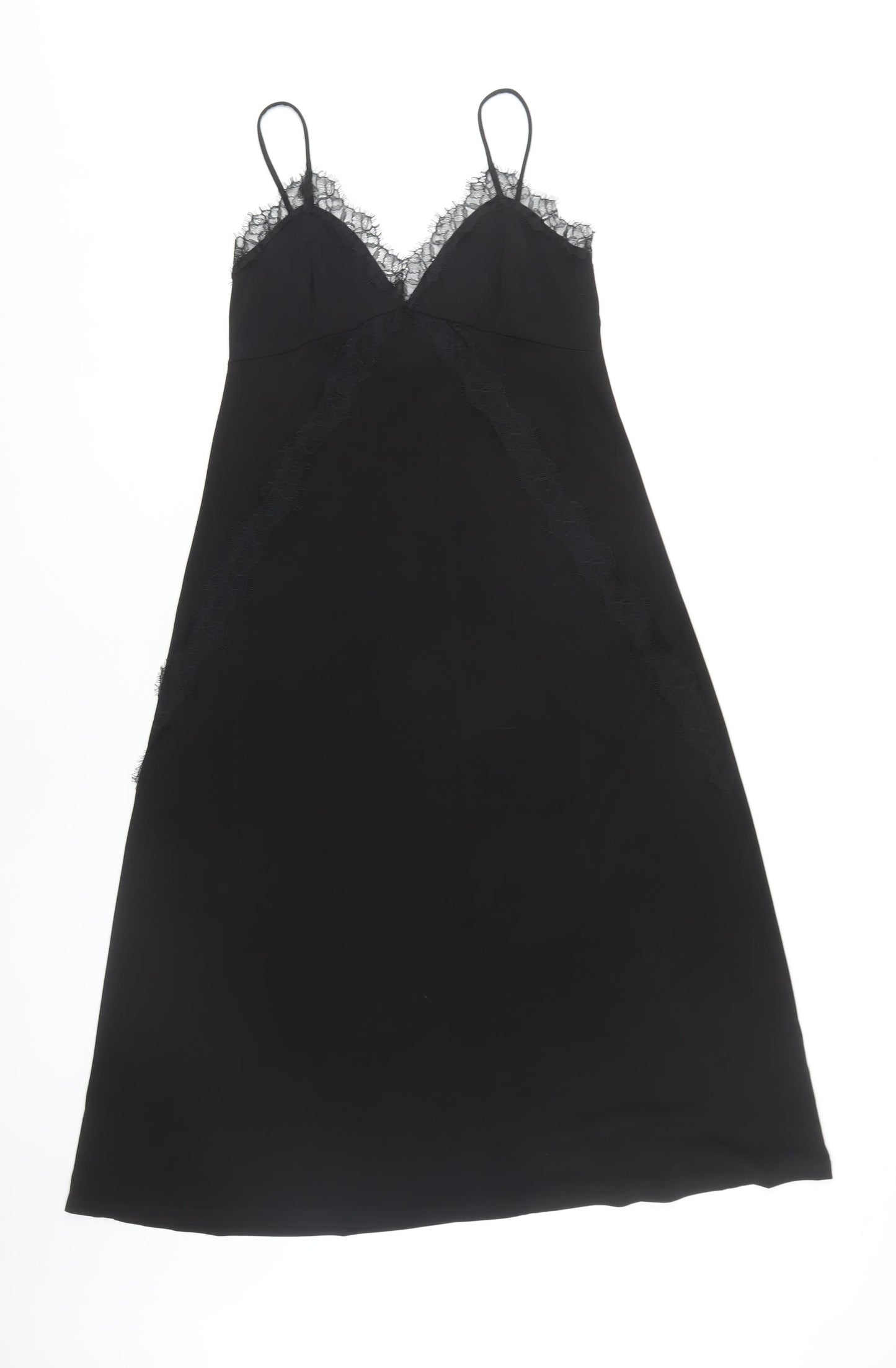 MNG Women's Black Slip Dress, Size 12, V-Neck, Lace Accent