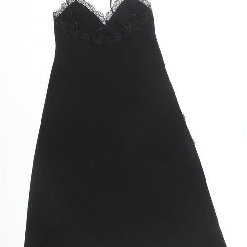 MNG Women's Black Slip Dress, Size 12, V-Neck, Lace Accent