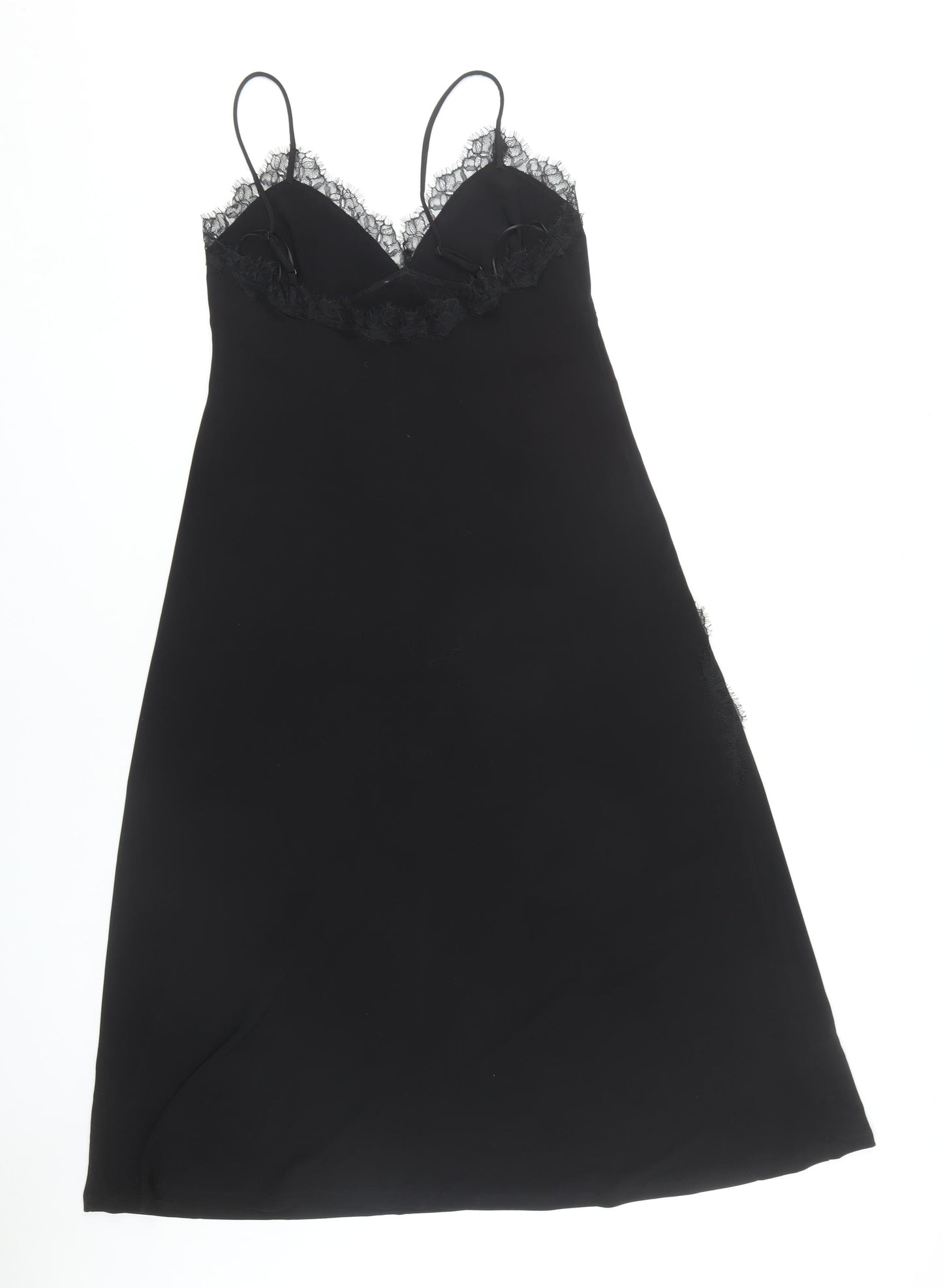 MNG Women's Black Slip Dress, Size 12, V-Neck, Lace Accent