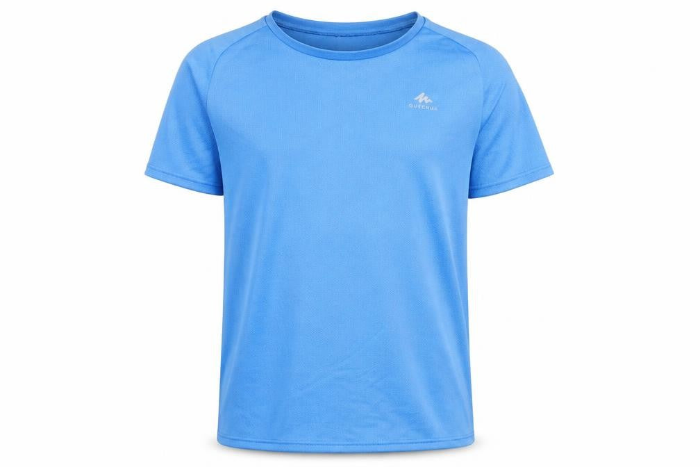 Front view of Decathlon boys’ blue t-shirt 14-15 lightweight activewear