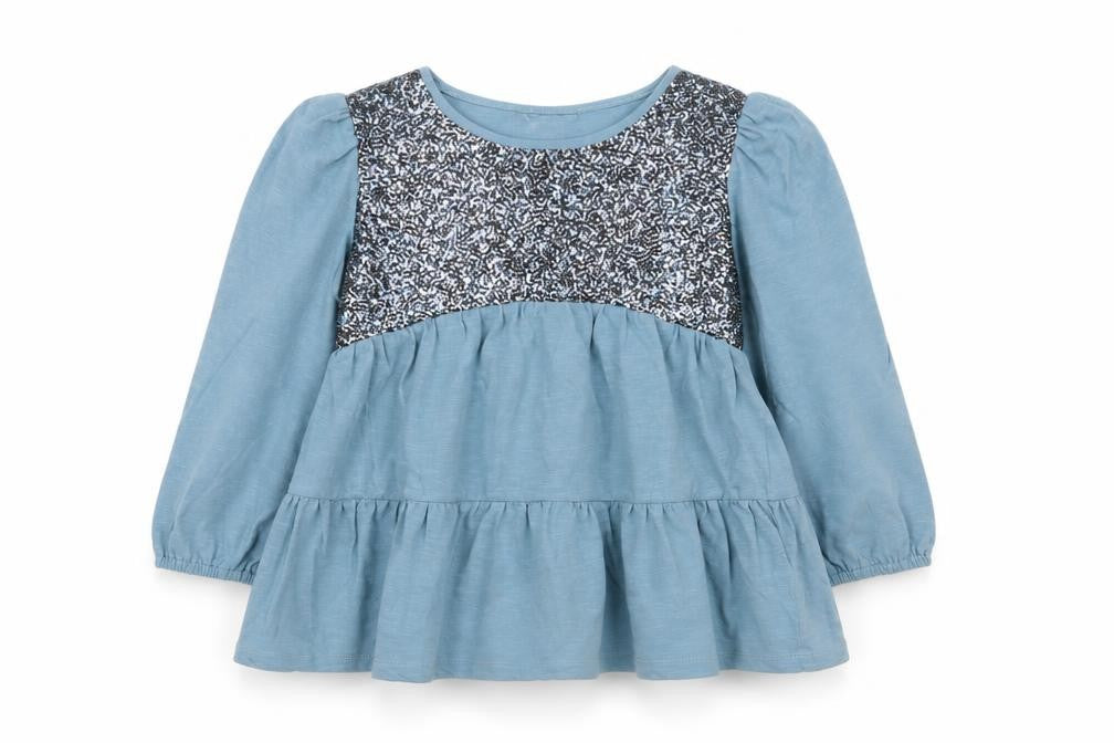 Front view of Monsoon girls’ blue sequin long sleeve top 11-12 years