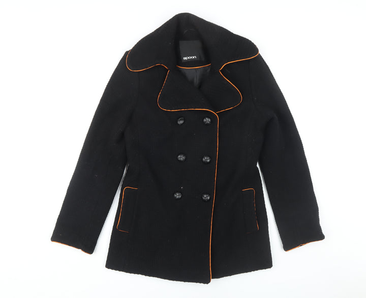 Spoon Women's Black Wool Pea Coat, Size 10, Classic Elegance