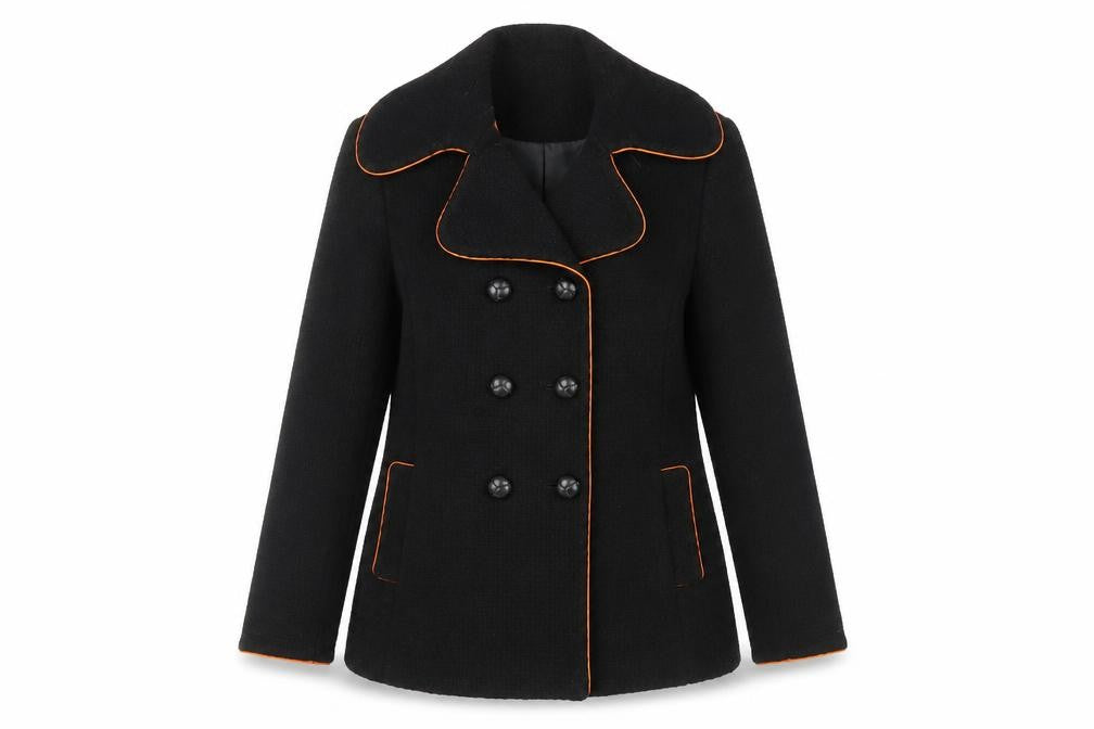 Front view of Spoon Women's Black Wool Pea Coat, size 10, Classic Elegance