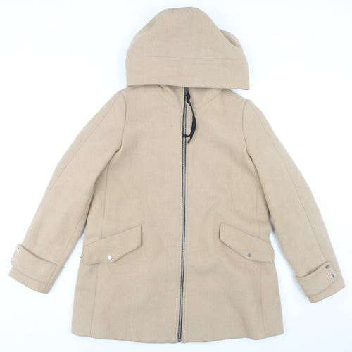 MNG Women's Beige XS Hooded Coat, Mid-Length, Zip Closure