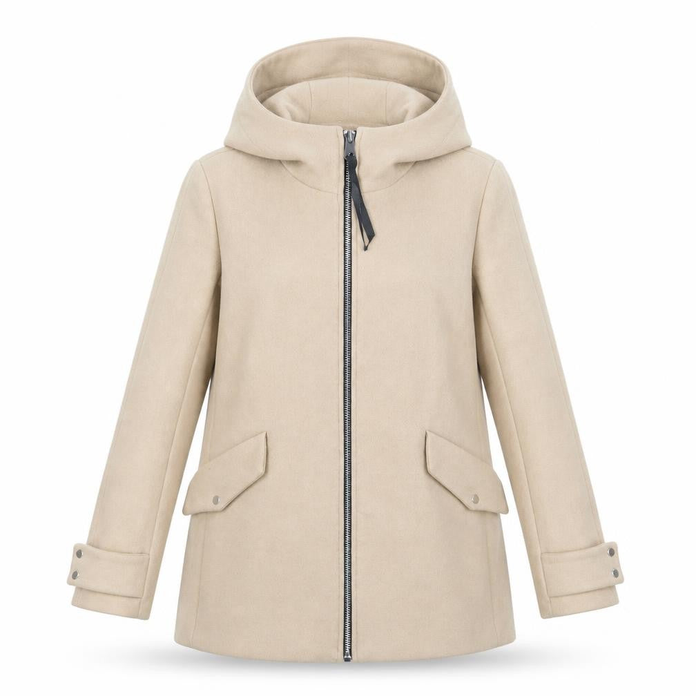 Front view of Mango Women's Beige XS Hooded Coat, Mid-Length, Zip Closure