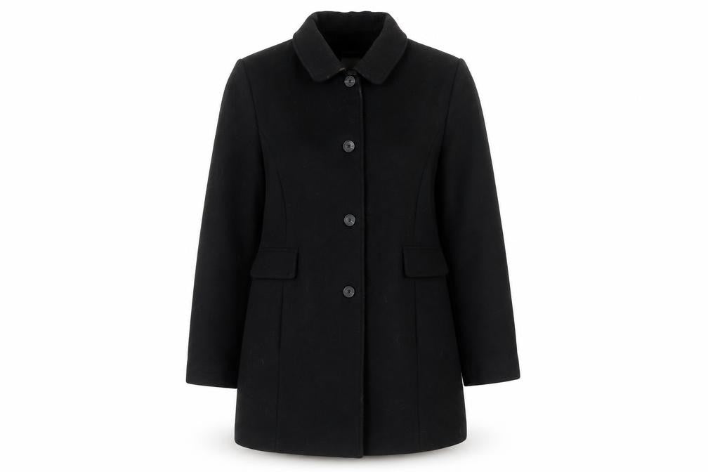 Front view of Damart Women's Black Wool Overcoat, size 4, Classic Fit