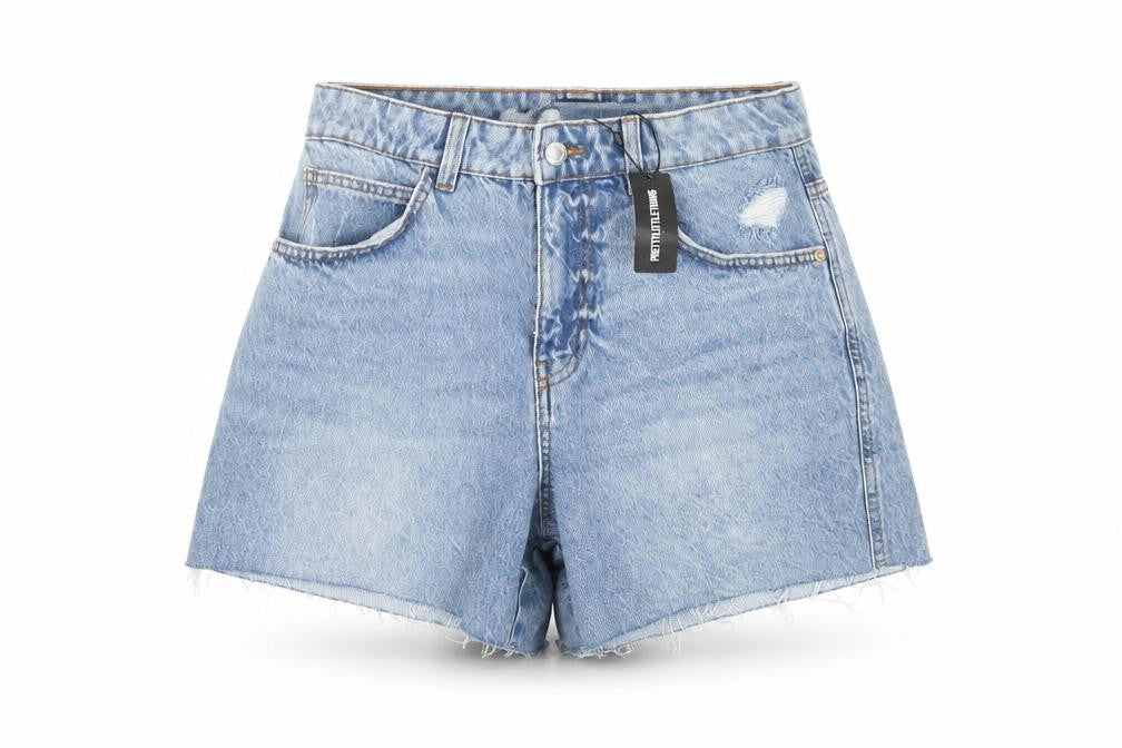 Front view of PRETTYLITTLETHING Women's Blue Cut-Off Denim Shorts