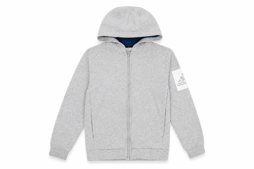 Front view of Adidas boys’ grey full zip hoodie 9-10 years