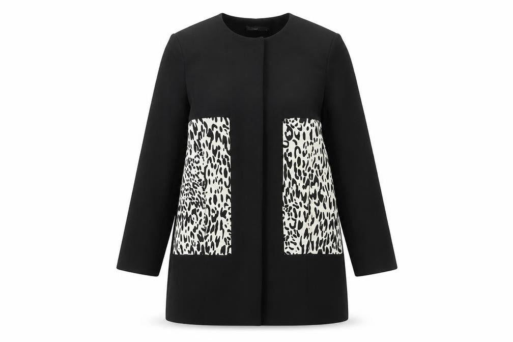 Front view of Beloved Women's Medium Black Long Animal Print Blazer