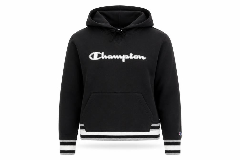 Front view of Champion Women's Black Hoodie, size S, Logo, Drawstring