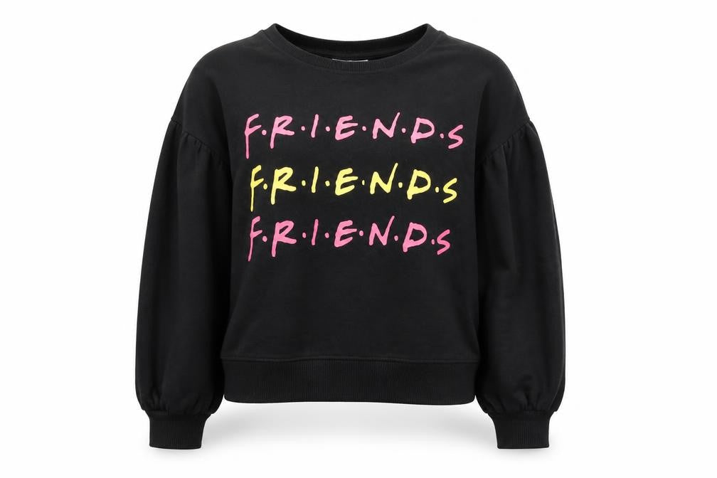 Front view of F.R.I.E.N.D.S girls’ black pullover sweatshirt, 10-11 years