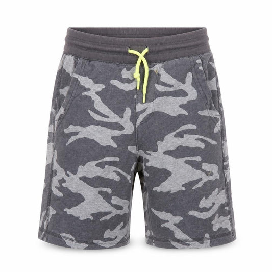 Front view of GapKids boys’' grey camo sweat shorts, size 6-7, elastic waist