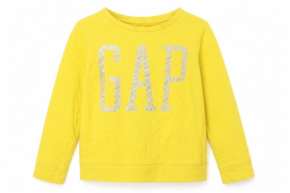 Front view of Gap girls’ yellow xl sweatshirt, pullover, logo accent