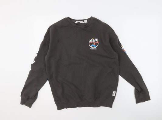 Front view of H&M unisex kids black disney sweatshirt, 10-12 years