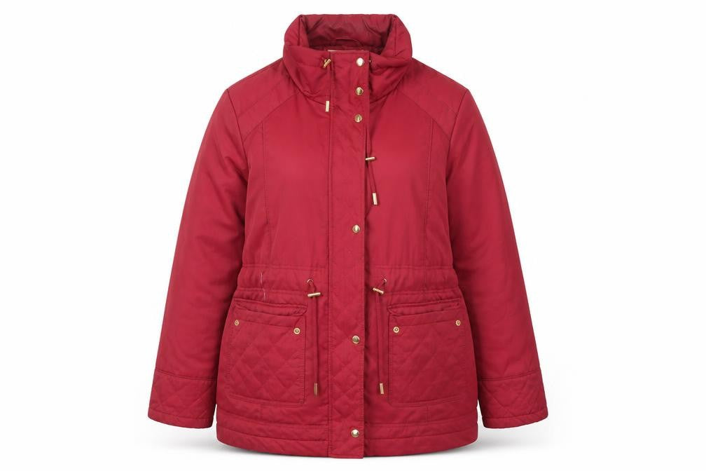 Front view of EWM Women's Red Quilted Long Jacket, size 16, Casual Wear