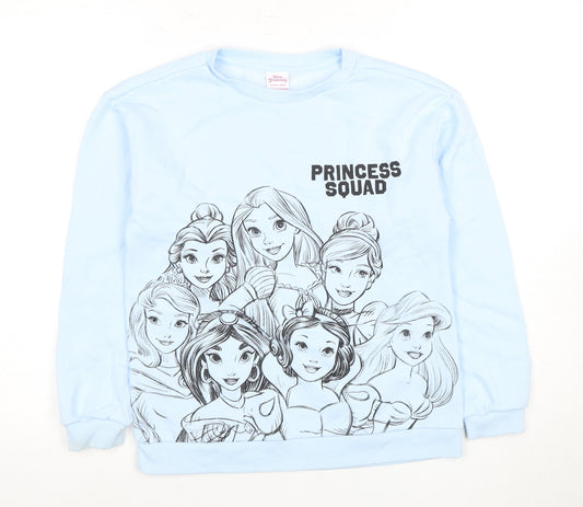 Front view of Disney girls’ blue hoodie 11-12 years princess pullover