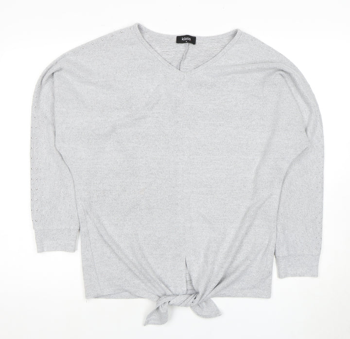 Klass Women's Grey Pullover Jumper, Studded V-Neck, Size M