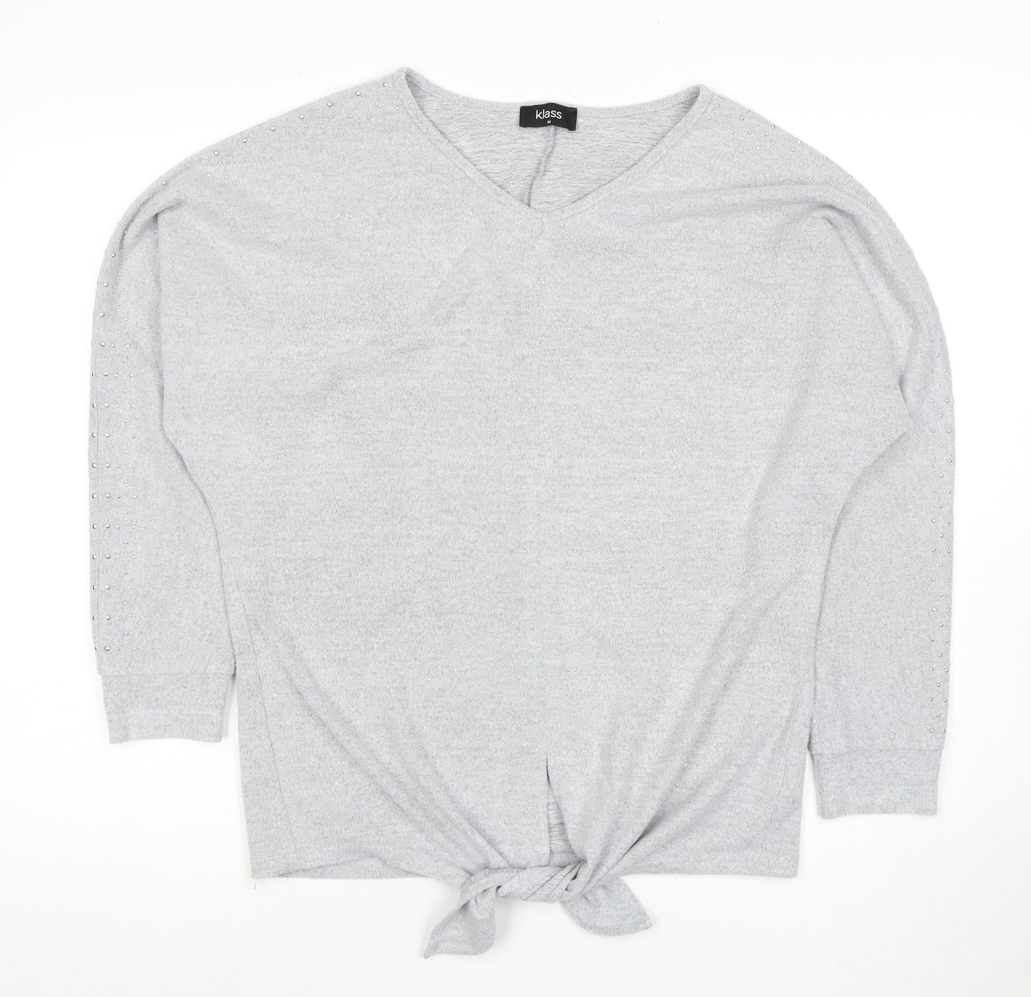 Klass Women's Grey Pullover Jumper, Studded V-Neck, Size M
