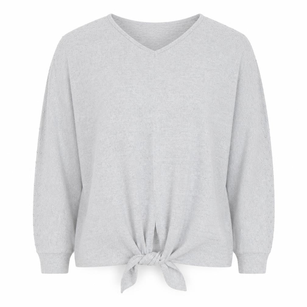 Front view of Klass Women's Grey jumper, Studded V-Neck, size M