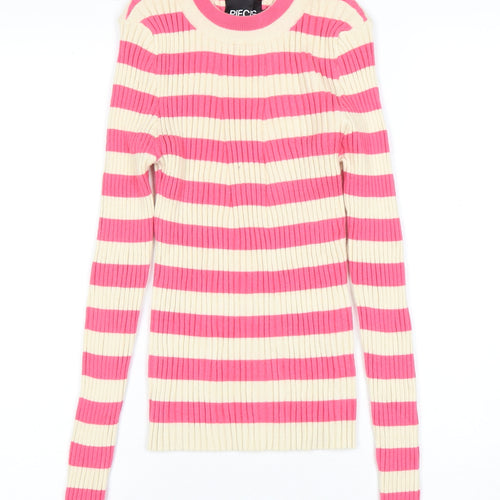 Pieces Women's Pink Beige Striped Pullover Jumper, Size S