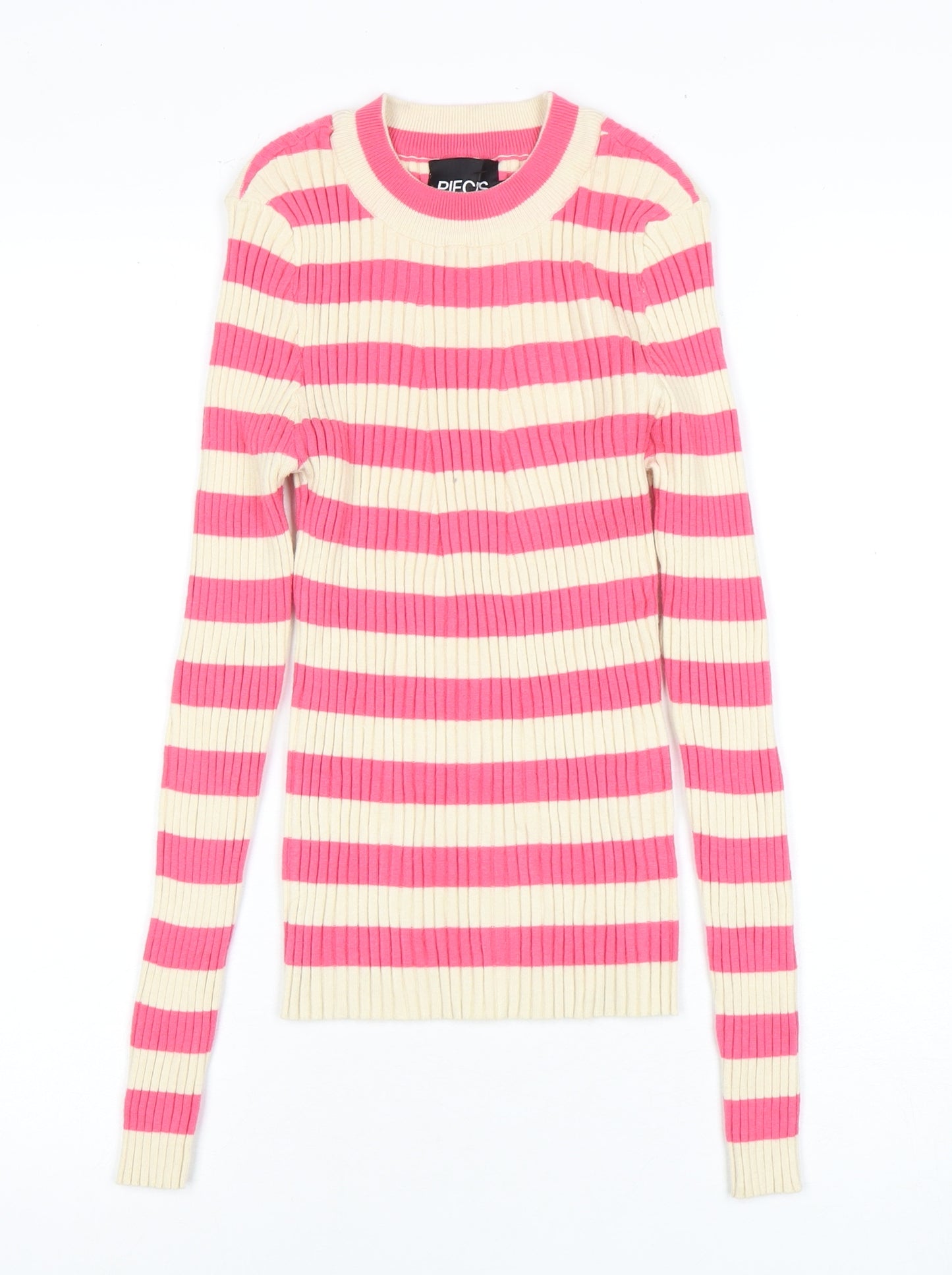 Pieces Women's Pink Beige Striped Pullover Jumper, Size S
