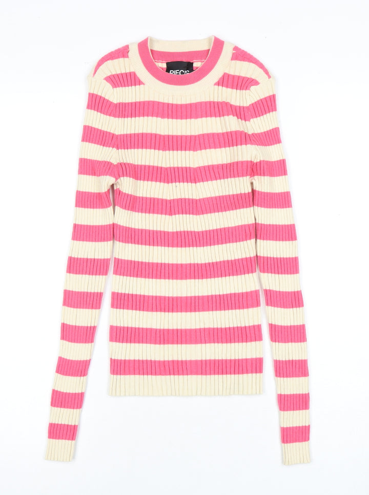 Pieces Women's Pink Beige Striped Pullover Jumper, Size S