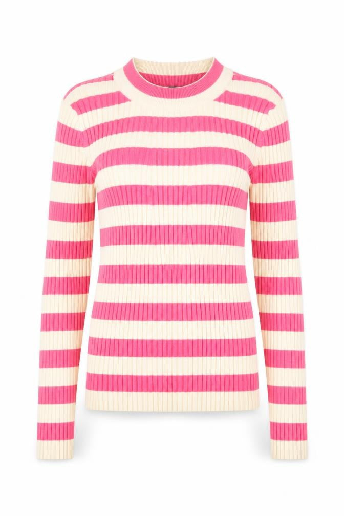 Front view of Pieces Women's Pink Beige Striped jumper, size S