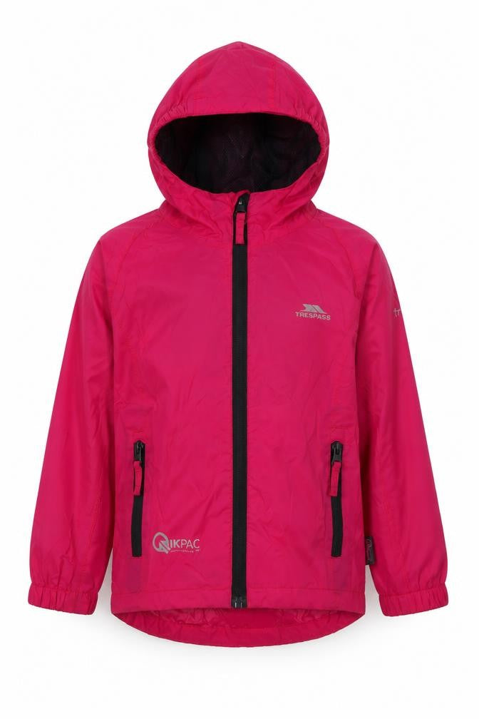 Front view of Trespass girls’ pink rain coat, 3-4 years, waterproof jacket